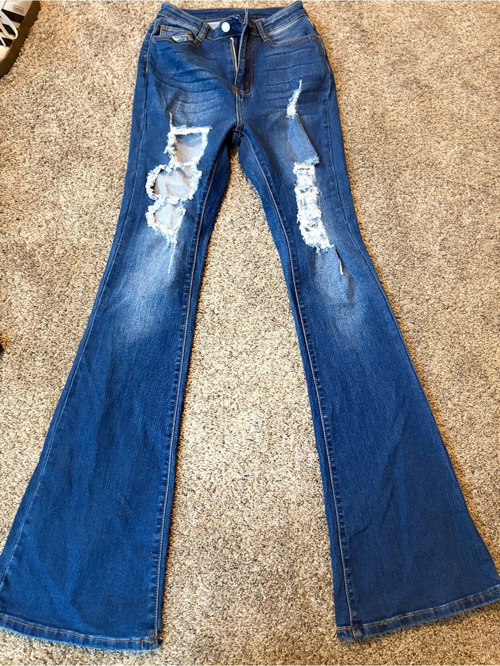 SHEIN Dark Blue Distressed Flare Jeans